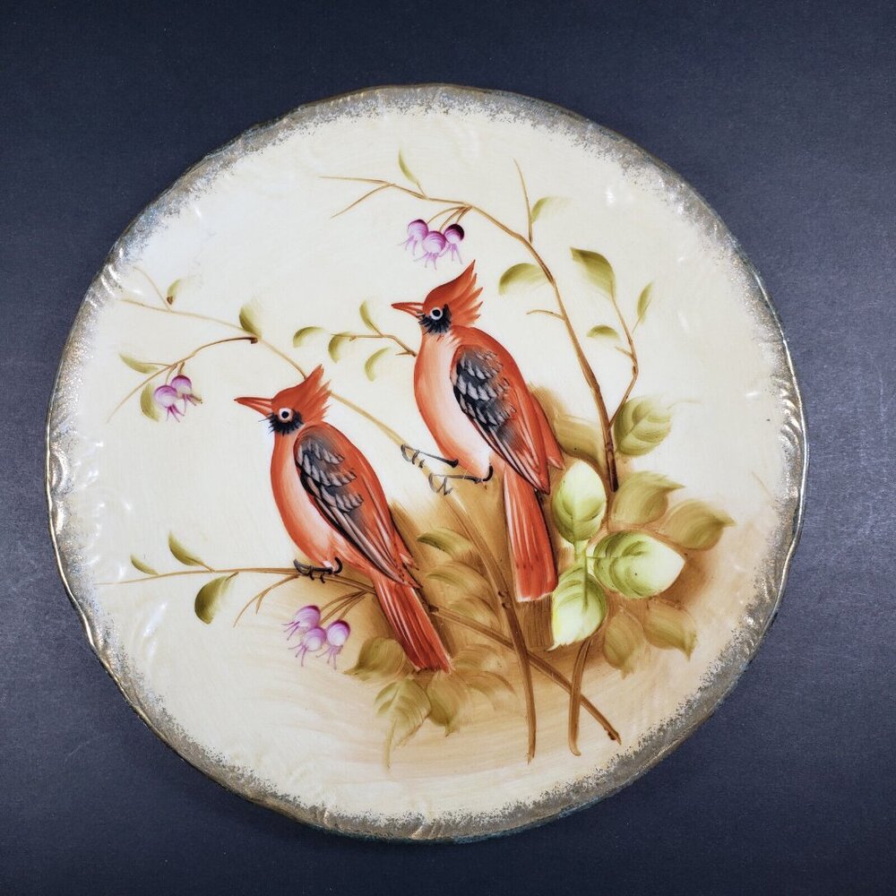 Ceramic Red Cardinals Wall Plate Gold Rim Floral Design 8.25" Diameter